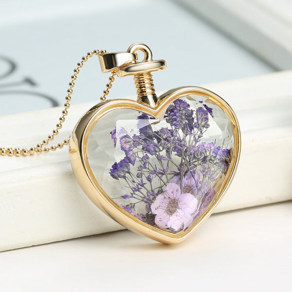 Pressed Flower Heart Shaped Pendant Necklace