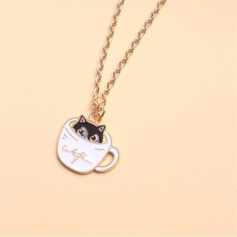 Cup Cat Metal Enamel Pendant Necklace