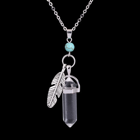 Hexagonal Healing Natural Stone Feather Charm Necklace