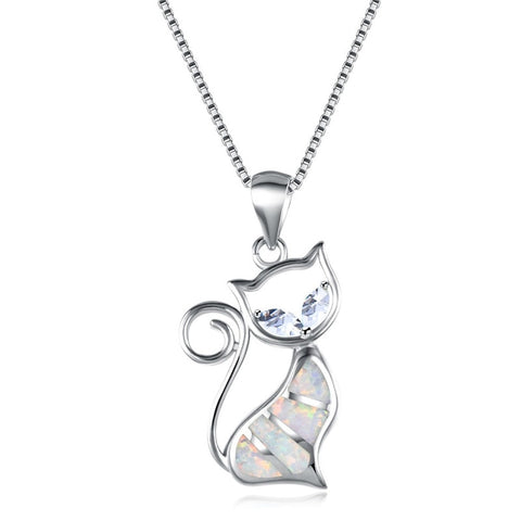 Silver White Fire Opal Sapphire Cat Pendant