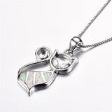 Silver White Fire Opal Sapphire Cat Pendant