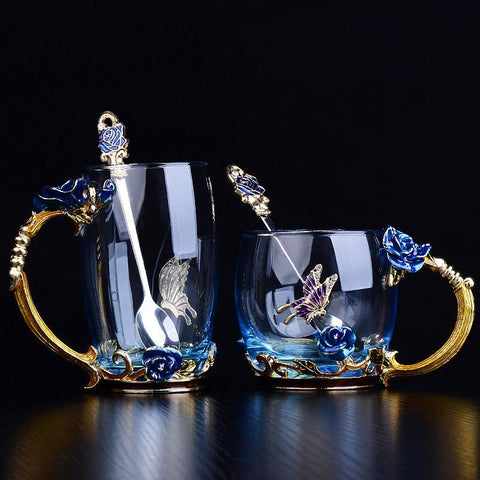 Blue Flower Novelty Enamel Tea Mug Crystal Glass - Heat Resistant