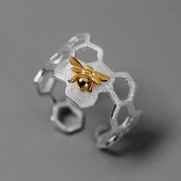 Save The Bees -  925 Sterling Silver Honeycomb Bee Ring