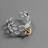 Save The Bees -  925 Sterling Silver Honeycomb Bee Ring